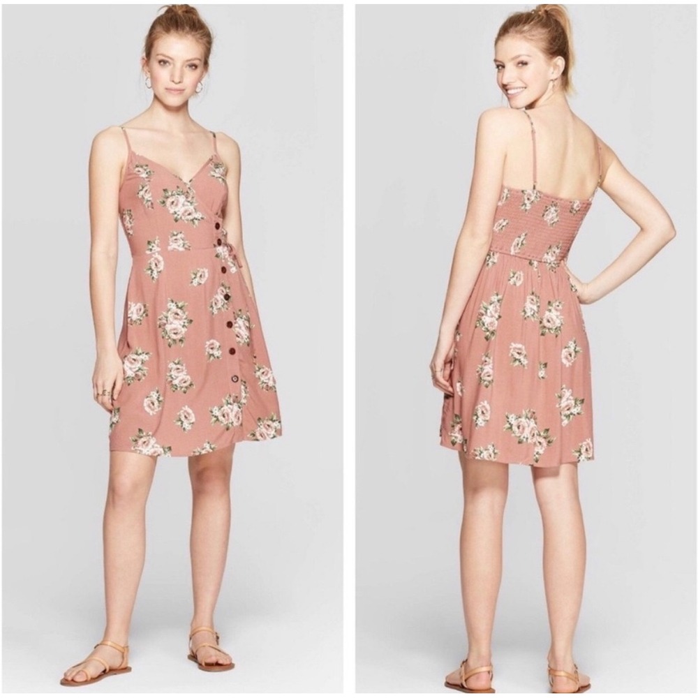 Xhilaration Floral Faux Wrap Mini Dress Pink Rose Button‎ Detail Size M